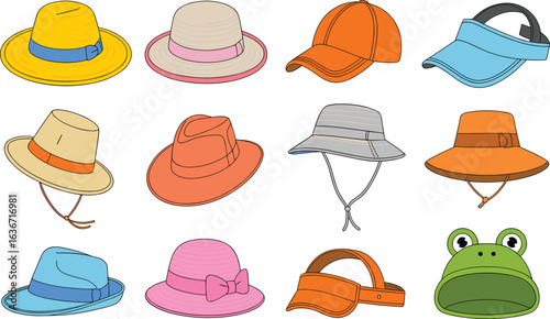 Set of colorful summer hats, fashion accessories collection, beach hats illustration, sun protection headwear, stylish holiday caps and visors