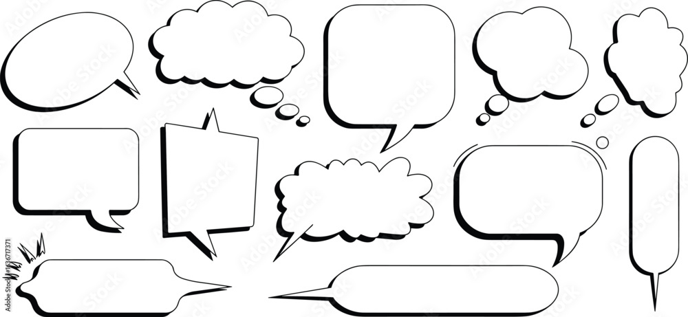 Fototapeta premium Stylized white comic speech bubbles set, various shapes and sizes on blue background, blank cartoon text balloons for dialogue.