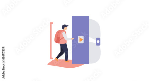 Minimalist concept illustration of person entering elevator with backpack