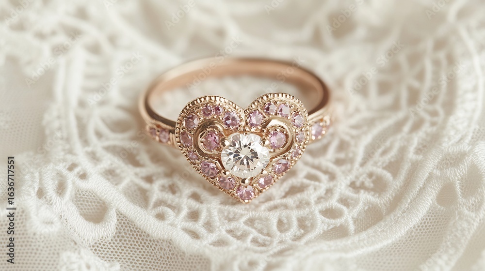 Obraz premium Heart shaped rose gold ring with tiny pink sapphires surrounding a larger diamond center displayed on a delicate lace background creating a romantic and elegant impression