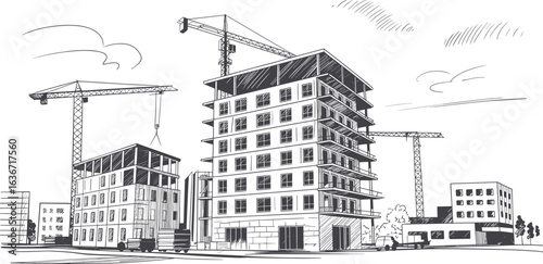 Urban city construction site, modern building development, crane machinery working, architectural design progress, commercial real estate, downtown area infrastructure expansion