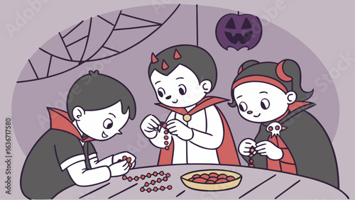 Three adorable cartoon children dressed as vampires and a devil are happily stringing red beads together at a table preparing for halloween festivities