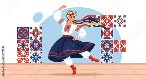 Elegant Ukrainian Woman Performing Traditional Dance With Artistic Background