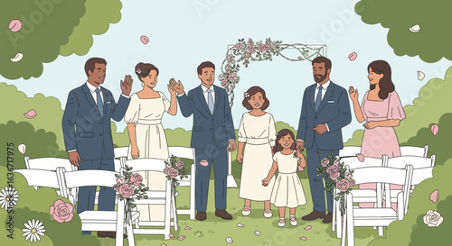 Elegant Wedding Party Celebrates in Garden Setting Outdoors Vector Illustration