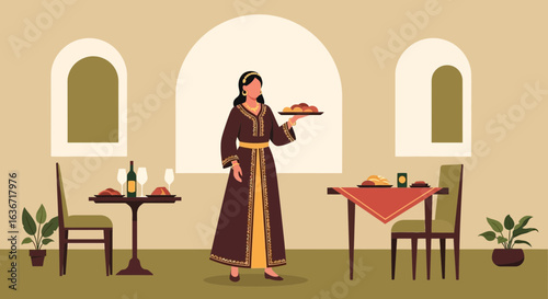 Elegant Waitress Serving Food in Traditional Restaurant Atmosphere Scene