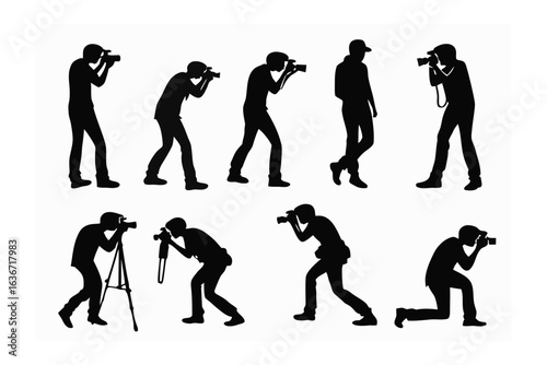 Photographers at Work: Silhouettes of professional photographers in various stances, each engrossed in the art of capturing moments, presenting a visual study of the creative process and precision.