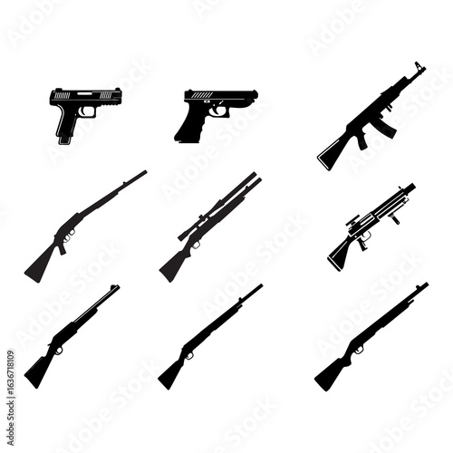 weapon set firearms icon set black flat