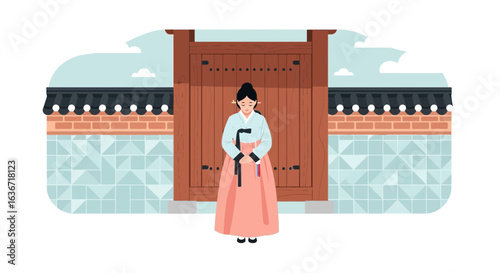 Elegant Woman in Traditional Korean Hanbok at Gyeongbokgung Palace Illustration