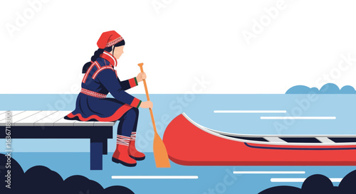 Girl With Paddle Near A Canoe Wearing Traditional Clothing Ready To Travel