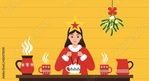 Girl With Star And Hot Drinks Celebrating Christmas Illustration