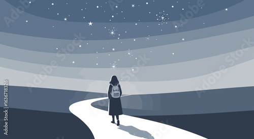 Girl With Backpack Journeying Towards Celestial Horizons Under Starry Sky