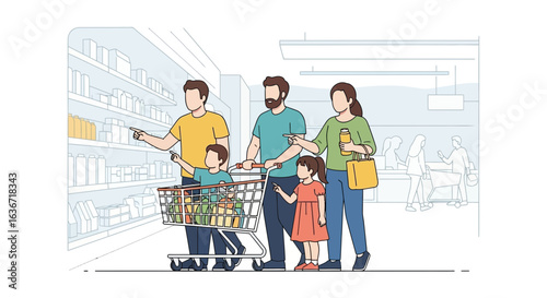 Family Grocery Shopping Together In Supermarket Vector Illustration
