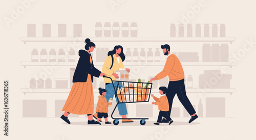 Family Grocery Shopping Trip Together In A Supermarket With Children Smiling