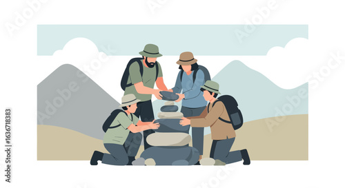 Family Hiking Trip Builds a Cairn Together in the Scenic Mountains