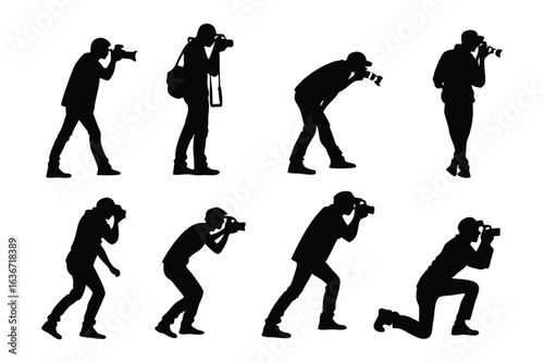 Photographer's Silhouette: A captivating series of silhouettes, each capturing the essence of a dedicated photographer in action, with diverse poses demonstrating the art of visual storytelling.