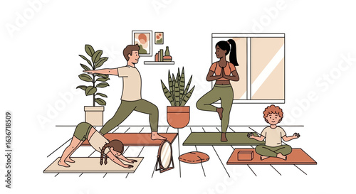 Family Practicing Yoga Positions Together At Home For Fitness And Wellbeing