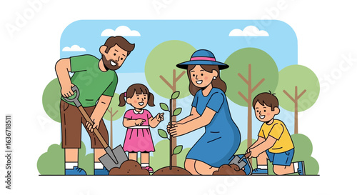 Family Planting Tree To Promote Environmental Conservation And Sustainability