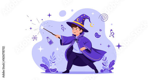 Enchanting Young Sorcerer Conjuring Magic With A Twinkling Wand In Purple Tones