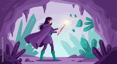 Enchantress In Crystal Cave Wielding Magic Wand With Mystical Energy