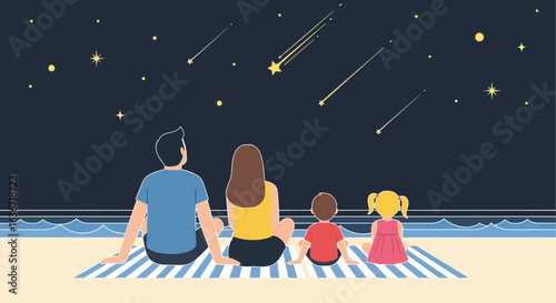 Family Together Watching Shooting Stars on Beach at Night Scene Illustration