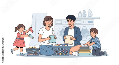 Family Togetherness Helps With Laundry Chores At Home In Relaxing Atmosphere