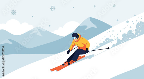 Energetic Skier Descending Snowy Slopes In Winter Sport Cartoon Scenery Landscape