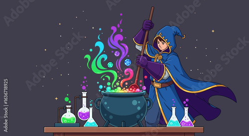 Fantasy Alchemist Cartoon Character Conjuring Potion Bubbling Ingredients Into Cauldron