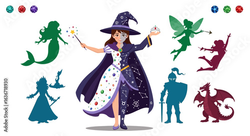Fantasy Cartoon Characters with a Witch, Fairy, Mermaid, Knight and Dragon, Vector Illustration