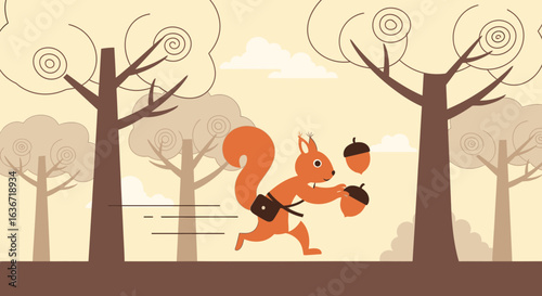 Energetic Squirrel Carrying Acorns Through The Woods In Cartoon Flat Illustration
