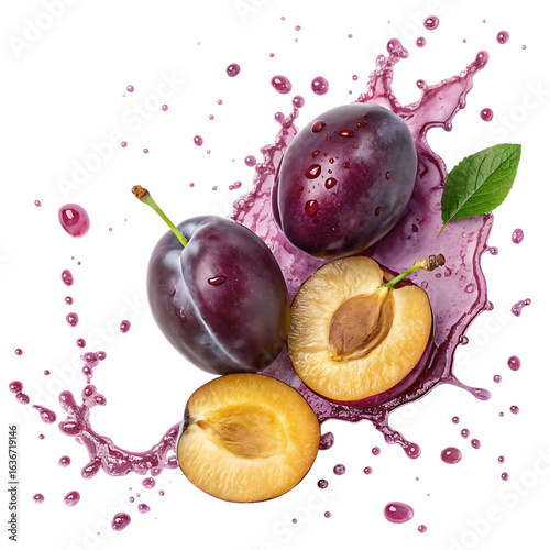 Fresh plums splashing in juice isolated on transparent background