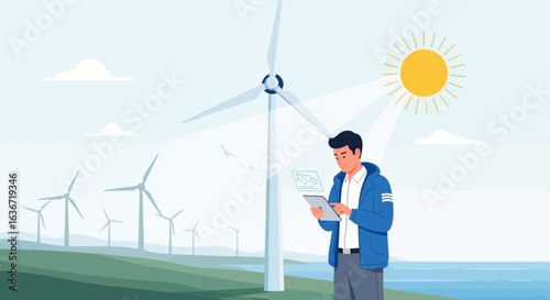 Engineer managing wind turbine farm with a tablet representing green energy revolution and sustainable energy future