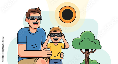 Father And Son Gaze At Solar Eclipse Event With Protective Glasses Together