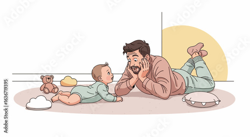 Father bonding with baby on floor adorable parent-child moment with toys lovely