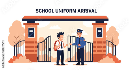 Ensuring School Safety Welcoming Students At The Gate Vector Illustration