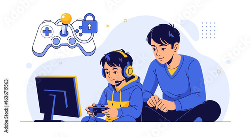Father Watches as Son Plays Video Games on a Computer Game Addiction