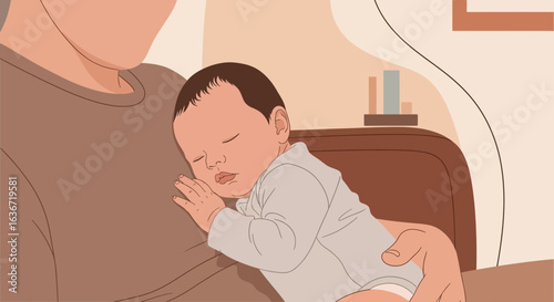 Fatherly Love: A Newborn Baby Sleeps Peacefully in His Father's Arms Cradled with Care