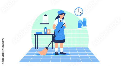 Female Cleaner Sweeping the Floor with Broom in a Tidy Bathroom