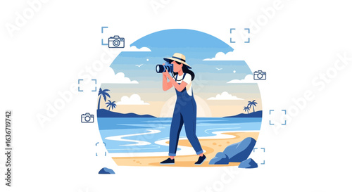 Female Photographer Capturing Tropical Scenery During Golden Hour At The Beach
