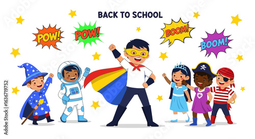 Enthusiastic Children Dressed Up As Different Characters Having Fun Together