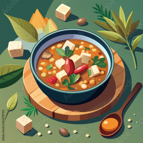 Vegetarian lentil soup in a bowl. presented artistically on a wooden board.