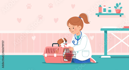 Female veterinarian examining a cute puppy in a carrier inside a pink themed vet clinic with soft lighting and clean design