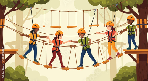 Enthusiastic Children Navigating A Thrilling Rope Course Together Outdoors Adventure