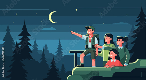 Enthusiastic Nighttime Adventure Young People Exploring Nature Together Under Starry Sky