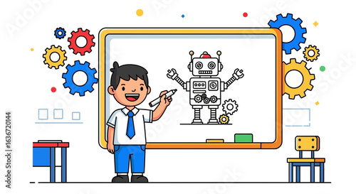Enthusiastic Student Drawing Robot On Whiteboard In Class Learning Engineering