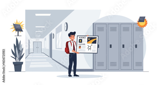 Enthusiastic Student Presenting Solar Energy Project In School Hallway Graphic