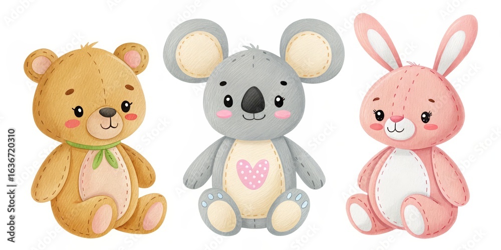 Obraz premium Adorable Watercolor Stuffed Animals Bear, Koala, Bunny, Cute Animal Illustration Keywords watercolor, plush