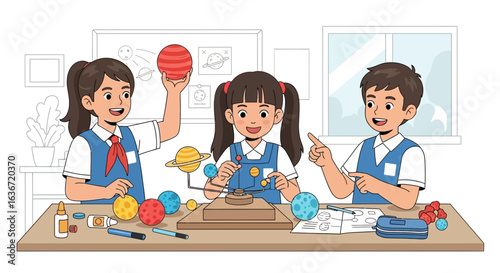 Enthusiastic Students Collaborate on Solar System Model Building Project In Classroom