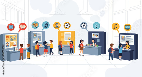Enthusiastic students explore educational exhibits in a vibrant school fair setting interacting with various booths