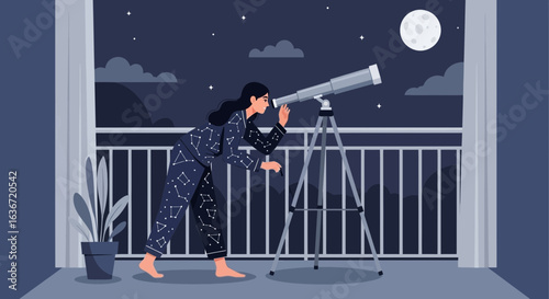 Enthusiastic Woman Enjoys Stargazing At Night From Balcony Using Her Telescope