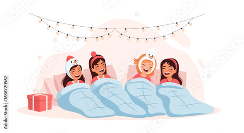Festive Slumber Party Young Girls Wearing Snowman Hats Happy Winter Holiday Scene